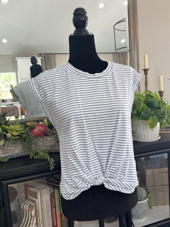 Evereve Tops - Evereve 100% Cotton Lt Blue & White Striped Cap Sleeve Tee w/Faux Knot - Size S